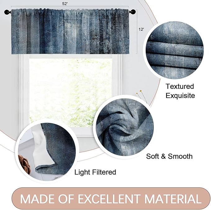 Emvency 4 Pack Valances Window Treatments, Blue Abstract Modern Art Blackout Adjustable for Living Room Bathroom Bedroom Kitchen Over Sink, 52x12 Inch Rod Pocket Valances