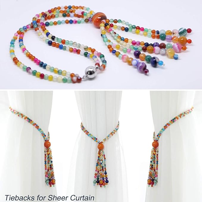 Magnetic Curtain Tiebacks, 2 Pack Colorful Agate Tassel Curtain Drapery Holdbacks, Boho Curtain Ties for Home Office Decorative