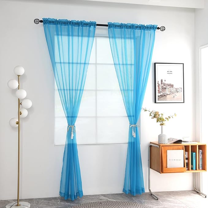 youleyar Solid Sheer Rod Pocket Curtain Voile Draperies 2 Panels White Beige Black Grey Coffee 52 Inch Width 54 Inch Long 1 Pair for Kitchen Bedroom Children Living Room Yard (Cyan Blue,52Wｘ54L)