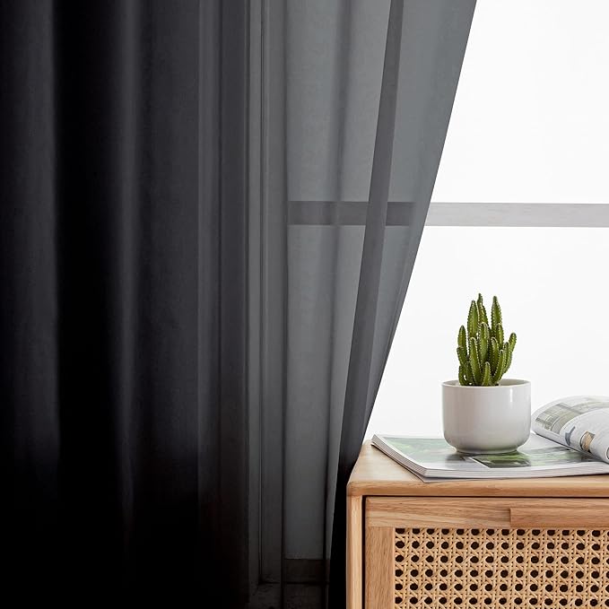 Simplebrand Black Sheer Curtains 96 Inches Long, Light Filtering Rod Pocket Solid Color Window Sheer Curtain Panels, Elegant Curtains & Drapes for Living Room, Bedroom 2 Panels (Black, 59" W x 96" L)