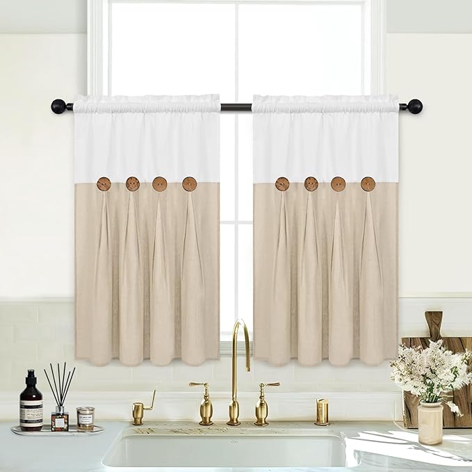 Boho Kitchen Curtains 36 Inch Length, Farmhouse Cotton Linen Tier Curtains, Rustic Button Short Curtain for Windows, Country Cafe Curtain, Rod Pocket Small Window Drapes, White and Linen, 26x36