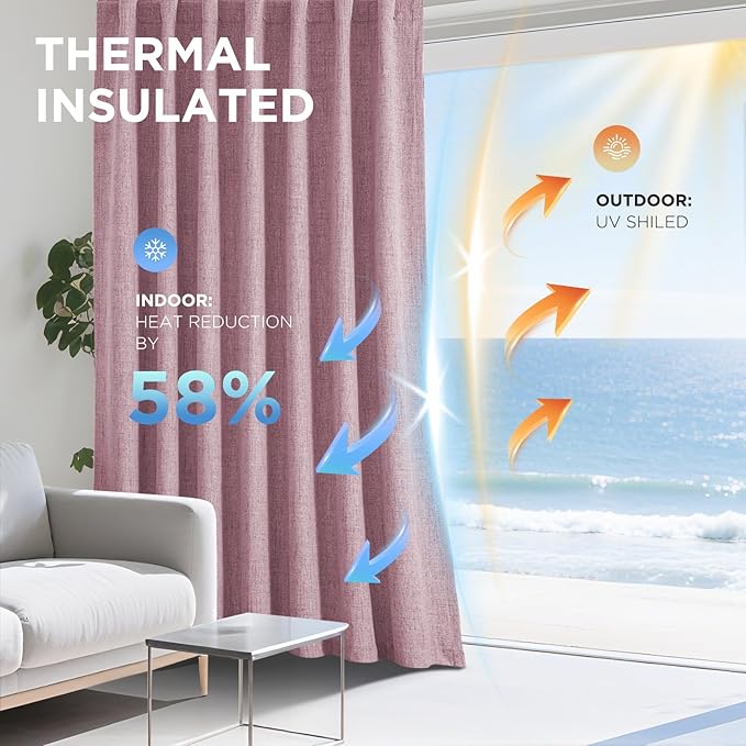 Joydeco Linen Blackout Curtains for Bedroom - 100% Light Blocking 1 Panels, Pink Drapes 100" W x 96" L, Thermal Insulated Room Darkening Curtains for Living Room, Rod Pocket & Back Tabs
