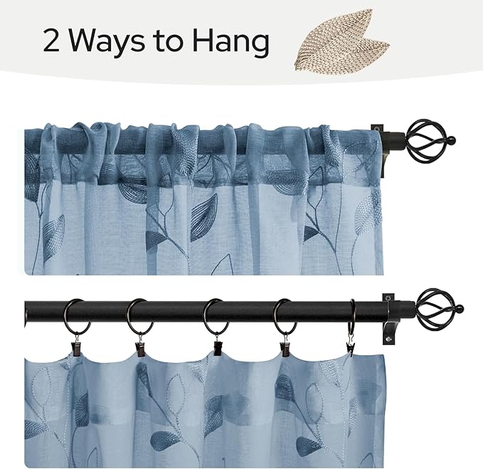 HOMEIDEAS Stone Blue Sheer Kitchen Curtains 30 X 24 Inch Length 2 Panels Embroidered Leaf Pattern Short Bathroom Window Curtains for Small Window Valance Tiers