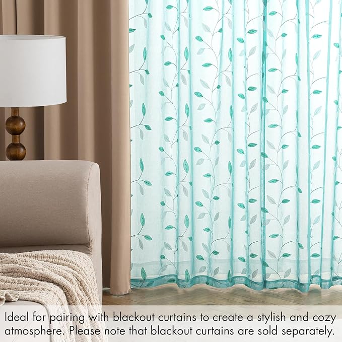 MIULEE Turquoise Sheer Curtains 2 Panels Embroidered Leaf Patterned Rod Pocket Floral Semi Sheer Faux Linen Window Curtains Drapes Set for Living Room Bedroom Dining Room, 52x84 Inches Long