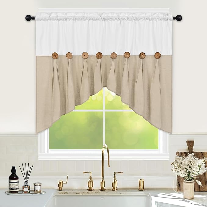 FRAMICS Farmhouse Swag Curtain, Boho Cotton Linen Valance Curtain, Rustic Button Window Valance for Kitchen, Country Rod Pocket Valances for Windows Bathroom Bedroom, White and Linen, 52 x 36 Inch
