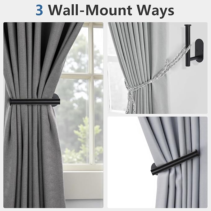Hoousuper 2pcs Black Stainless Steel Curtain Holdbacks, Tiebacks, Wall Mounted Curtain Pull Backs, Side Holders, Hooks