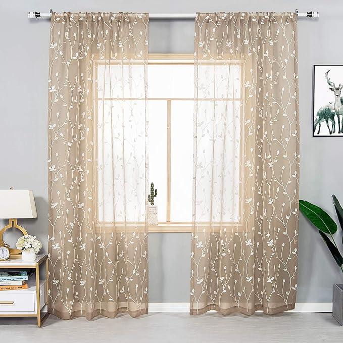 AmHoo 2 Panels Embroidered Leaf Pattern Semi Sheer Curtains Foliage Floral Voile Window Draperies Treatment for Bedroom Living Room Rod Pocket Taupe 53 x 63 Inch