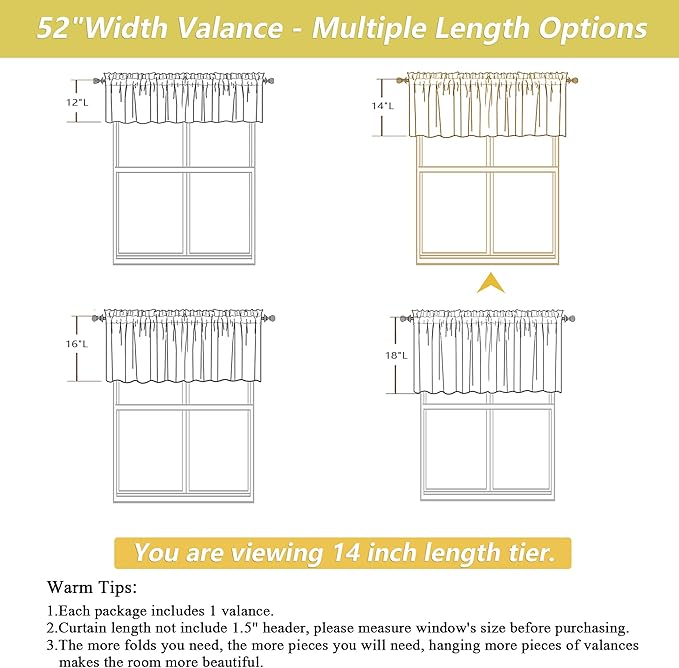Valances for Windows, Light Filtering Faux Linen Textured Small Short Window Curtain for Bathroom Basement Farmhouse, Rod Pocket Top Half Curtains for Windows, Black 52Wx14L Inch
