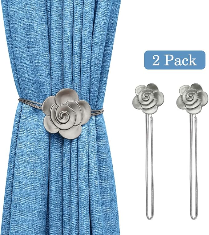 Lewondr Curtain Tie Magnetic, Vintage Resin Flower Curtain Holdback with Rope Drapery Retro Window Curtain Decorative Buckle Holder for Outdoor, Home Office, and Cafe Balcony, Gray