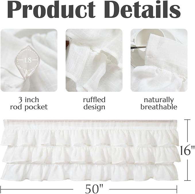 jinchan Ruffled Valance Curtain Slubbed Crossed Kitchen Valance Vintage Shabbychic Style for Living Room Small Windows 18 Inch Cottagecore Farmhouse Half Window Rod Pocket 1 Panel White