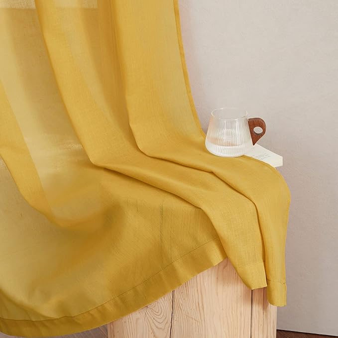 NICETOWN Citrine Linen Curtains 108 inches Long, Grommet Decorative Semi Sheer Gold Curtains Linen Blend Window Drapes Privacy with Light Filtering for Living Room, W52 x L108, 2 Panels