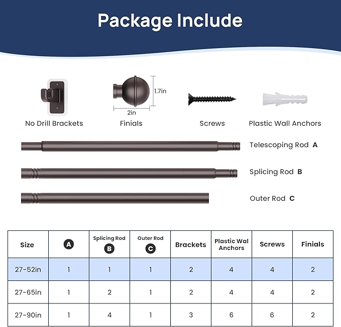 ENJOYBASICS No Drill Curtain Rods for Window 28 to 47 Inches, 5/8 Inch Diameter Renter Friendly Drapery Rod with Adhesive Brackets without Drilling, Adjustable from 27 to 52 Inches, Bronze