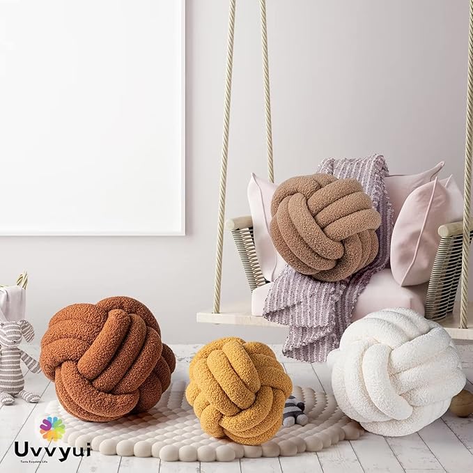 Uvvyui Knot Pillow Ball, Soft Home Decorative Pillows, Round Throw Pillow, Handmade Knotted Plush Pillow, Round Boucle Pillow Cushion (8.6 Inches Dark Yellow)