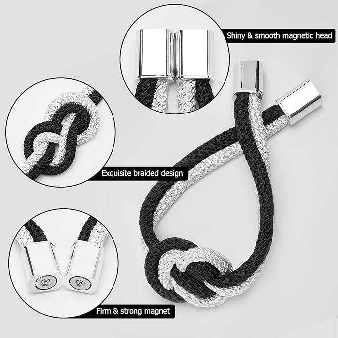 NICEEC 4 Pack Mini Magnetic Curtain Tiebacks Nordic Simple Style Drape Tie Backs Elegant Hand Weave Rope Knot Decorative Curtain Holdbacks for Home & Office Thin Window Drapery (Black & White)