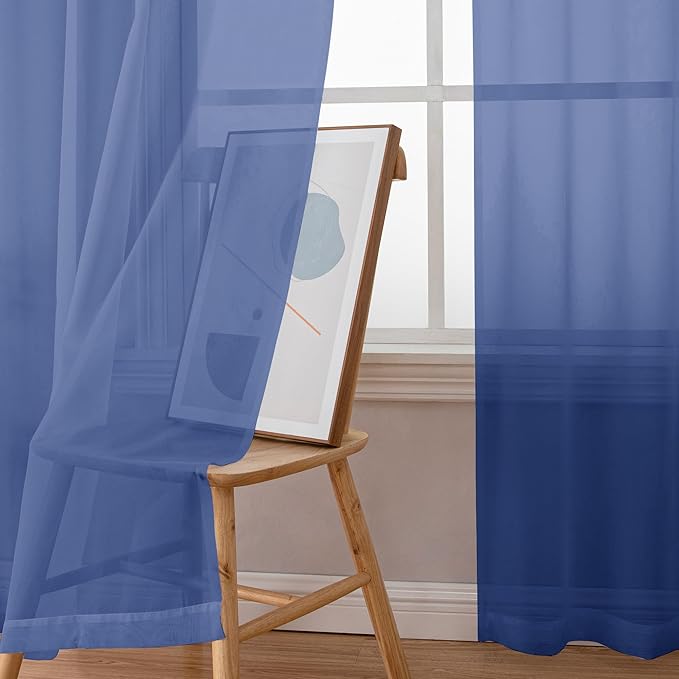 Simplebrand Royal Blue Sheer Curtains 96 Inches Long 2 Panels, Light Filtering Rod Pocket Solid Color Window Sheer Curtain Panels, Elegant Curtains & Drapes for Living Room, Bedroom, 42" W x 96" L
