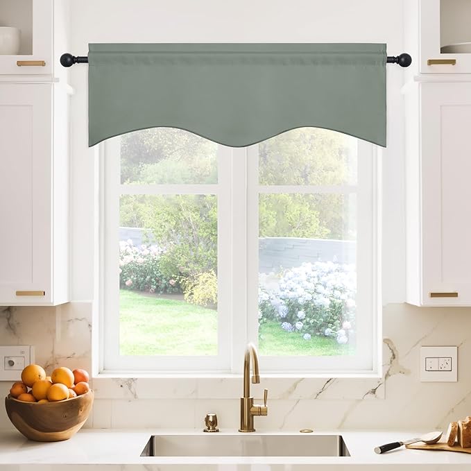 NICETOWN 2 Panels Bedroom Blackout Valance Tier - 42 inches by 18 inches Scalloped Rod Pocket Valance Window Curtain for Girl's Room/Baby Nursery/Dormitory/Kids Room/Christmas, Sage Green, 1 Pair