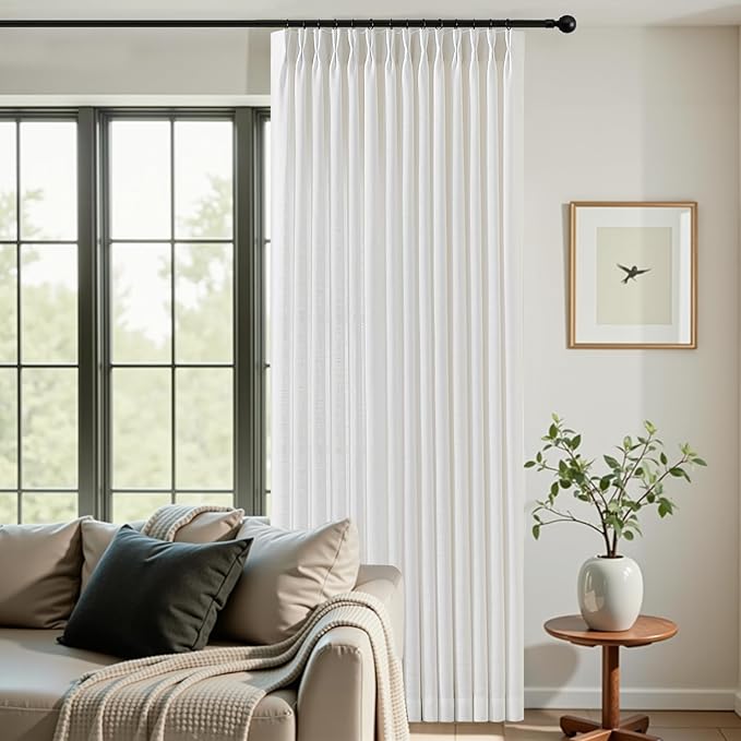 IVAPUPU 90 Inch Linen Curtains for Living Room, Pinch Pleated Curtain Linen Blend Light Filtering Memory Trained Semi Sheer Drapes with Hooks Rings for Bedroom Dining Room, 40x90, Snow White, 2 Panel
