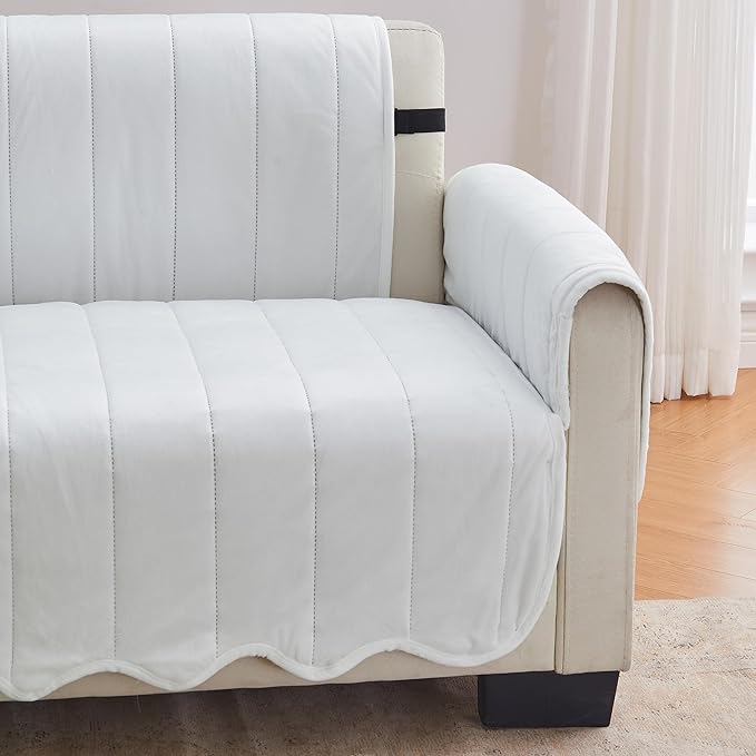 Great Bay Home Velvet Recliner Cover - Washable Slipcover Furniture Protector with Elastic Straps - Furniture Cover for Dogs, Kids, and Pets - Stitched Detail (White)