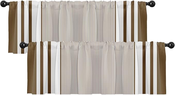 Emvency 2 Pack Valances Window Treatments, Striped Brown Minimalist Neutral Modern Drapes Adjustable Curtain for Windows Living Room Kitchen Over Sink, 52x18 Inch Rod Pocket Valances