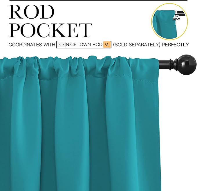 NICETOWN 2 Panels Blackout Curtains, Rod Pocket Thermal Insulated Drapes for Kitchen, Heavy Duty Small Window Treatment for Dorm Room, Studio Apartment, Basement (Peacock Blue, W42 x L30)