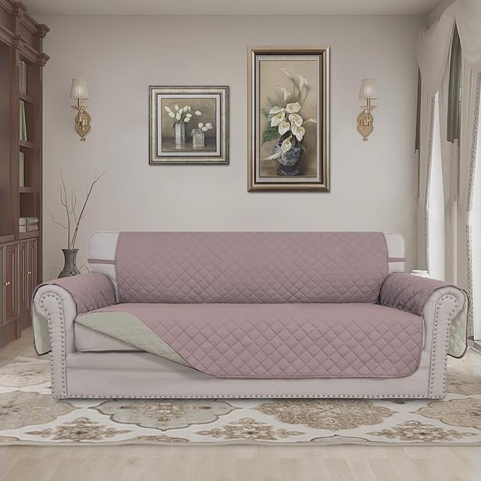 Easy-Going Reversible Couch Cover for 3 Cushion Couch Sofa Cover for Dogs Water Resistant Furniture Protector Cover with Foam Sticks Elastic Straps for Pet Cat (Sofa, Pink/Beige)