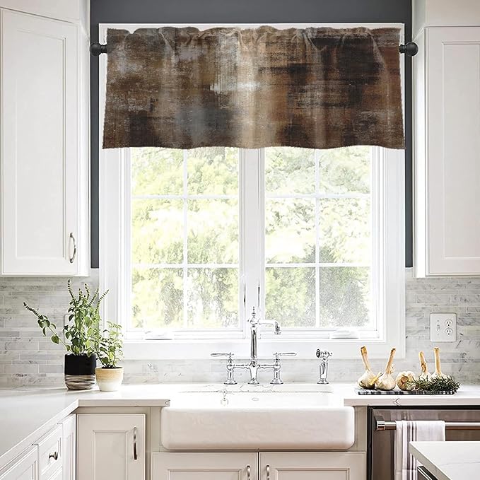 Emvency 4 Pack Valances Window Treatments, Abstract Dark Brown Art Painting Blackout Adjustable for Living Room Bathroom Bedroom Kitchen Over Sink, 52x18 Inch Rod Pocket Valances