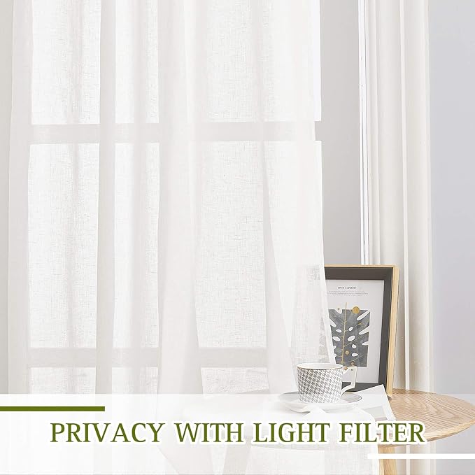NICETOWN Thick Linen Sheer Ivory Curtains for Privacy Protection, Grommet Rustic Flax Semi Sheer Window Drapes with Light Penetration for Farmhouse/Living Room, W52 x L90, Set of 2