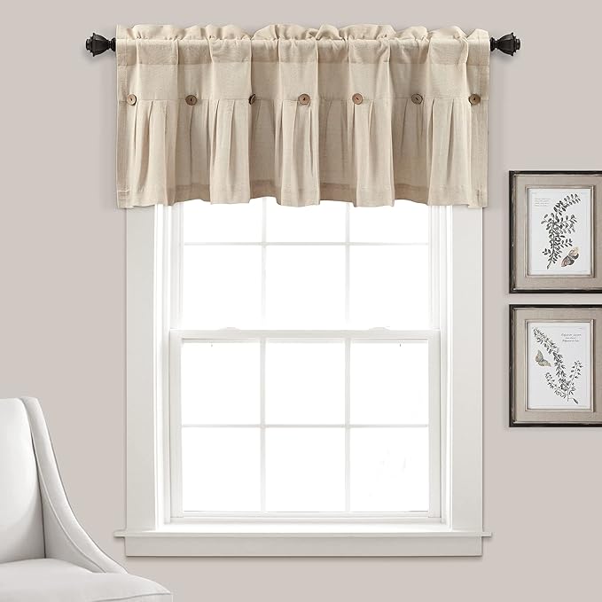 Lush Decor Linen Button Farmhouse Valance, 84" W x 18" L, Dark Linen - Kitchen Curtains Valances - Valances for Windows - Curtain Valance