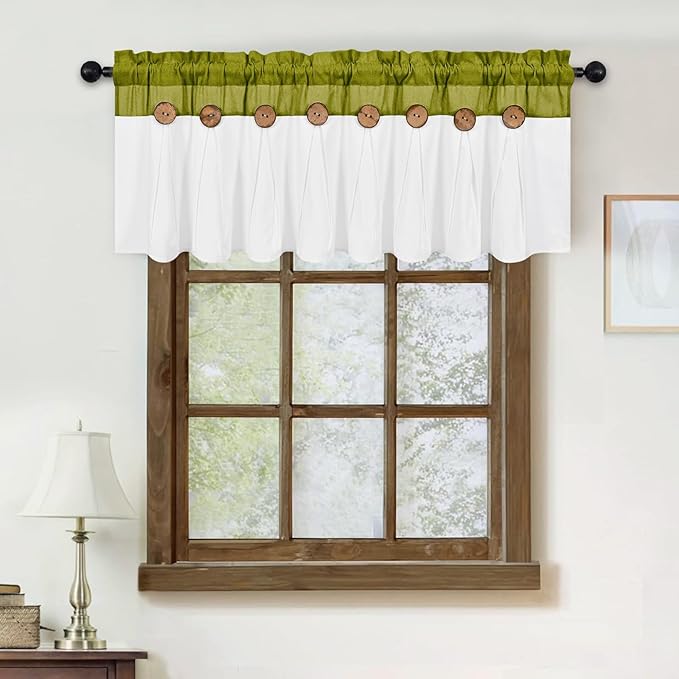 FRAMICS Farmhouse Valance Curtains, Boho Cotton Linen Kitchen Valance, Rustic Button Window Valances for Kitchen Bathroom, Rod Pocket Valances for Windows, Fresh Green and White, 52 x 18 Inch