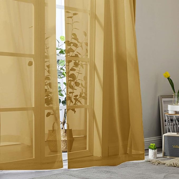 Sheer Gold Curtains for Bedroom Living Room 63 Inch Length 2 Panels, Airy Soft Light Filtering Sheer Dining Room Curtains, Modern Rod Pocket Drapes, Gold, Each 42" Wx63 L Inches