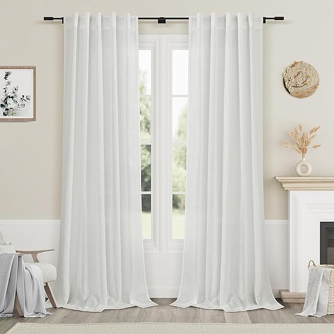 Off White Linen Curtains 108 Inches Long 2 Panels Set Back Tab Rod Pocket Semi Sheer Cotton Textured Light Filtering Extra Long Curtain Farmhouse High Ceiling Curtains for Living Room 9Ft 40x108