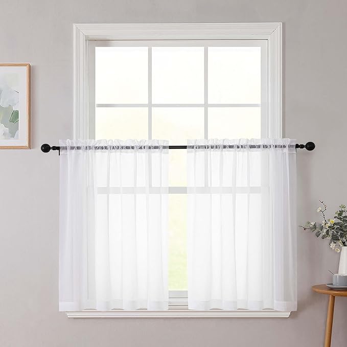 White Kitchen Curtains 30 Inch Length Tier 2 PCS, Solid Soft Airy Half Curtains for Windows, Sheer Rod Pocket Drapes for Bathroom Basement Small Window, White, 42" Wx30 L Inches