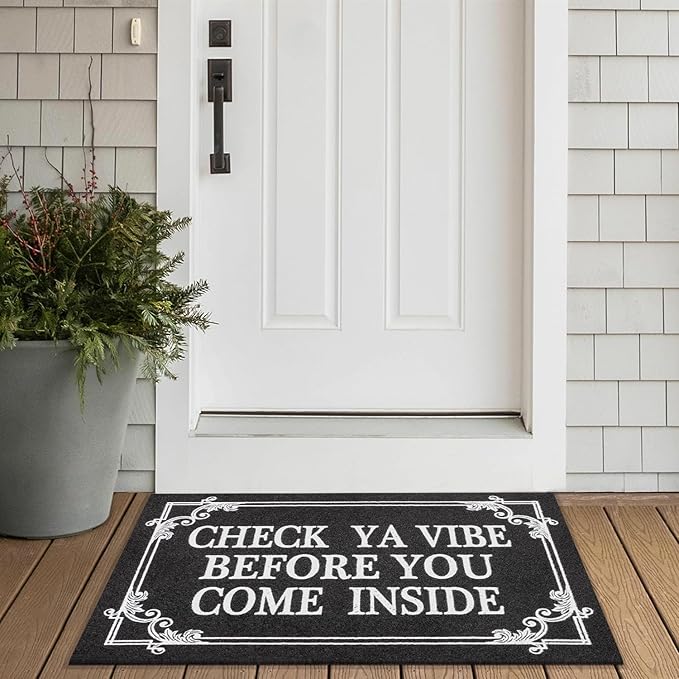 Indoor Door Mat Welcome Mats for Front Door Outdoor Entry Black Doormat, Check Ya Vibe Before You Come Inside This House Doormat, Non Slip Rubber Farmhouse Mats 28" x 18"