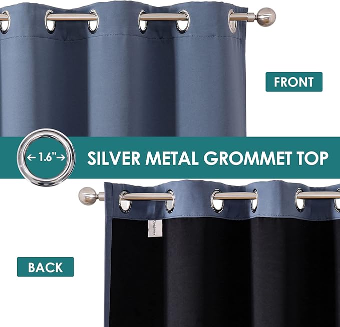 ChrisDowa 100% Blackout Curtains 63 inch Long for Bedroom with Black Liner, 2 Thick Layers Total Blackout Thermal Insulated Grommet Window Curtains 2 Panels Set (Stone Blue, 38 x 63 Inch)