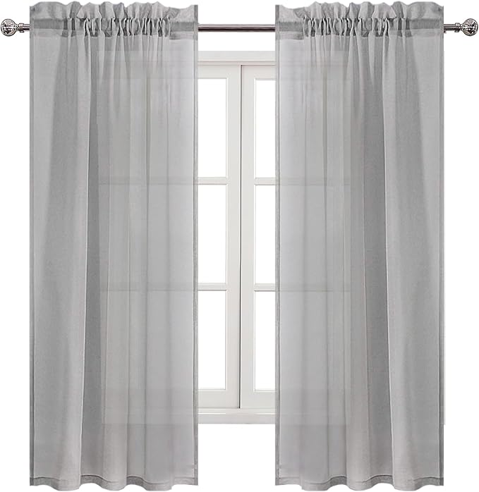 DWCN Grey Sheer Curtains Semi Transparent Voile Rod Pocket Curtains for Bedroom and Living Room, 42 x 63 inches Long, Set of 2 Panels