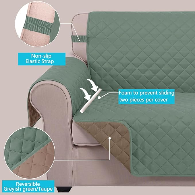 U-NICE HOME Recliner Chair Covers Reversible Chair Cover Pet Covers for Dogs with Elastic Straps Water Resistant Diamond Quilted (28''Recliner Oversized, Greyish Green/Taupe)
