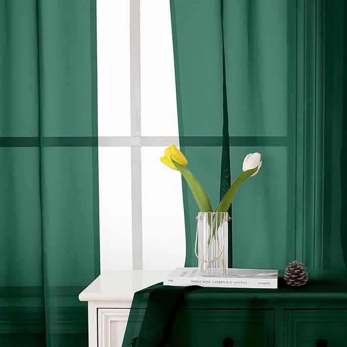 Lecloud Hunter Green Sheer Curtains 72 Inches Long 2 Panels, Rod Pocket Voile Light Filtering Curtains for Living Room, Airy Decor Drapes for French Door Bedroom, Each Panel 42 X 72 Inch