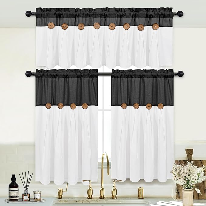 Boho Kitchen Curtains 36 Inch Length, Farmhouse Cotton Linen Tier Curtains, Rustic Button Short Curtains for Windows, Black Country Cafe Curtains, Rod Pocket Small Window Curtains for Kitchen, 26x36