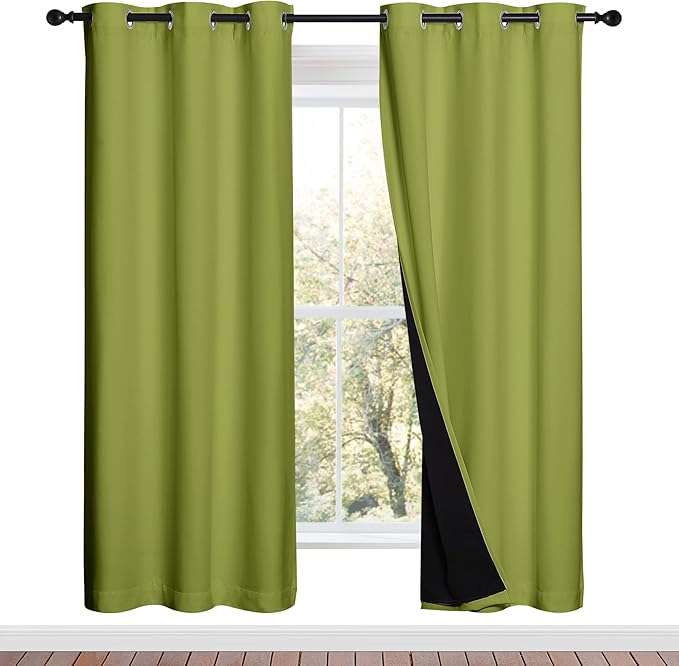 NICETOWN 100% Blackout Window Curtain Panels, Fresh Green, 2 Pieces, 42-inch Wide Per Panel, Full Light Blocking Drapes with Black Liner for Nursery, 72-inch Drop Thermal Insulated Draperies