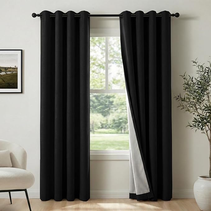 100% Blackout Shield Linen Blackout Curtains for Bedroom, Black Grommet Curtains for Living Room, Thermal Insulated Room Darkening Drapes for Nursery, Boho Home Decor, 50" W x 84" L, 2 Panels