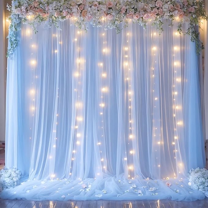 10ft x 12ft Baby Blue Tulle Backdrop Curtain for Baby Shower Party Sheer Fabric Backdrop Curtains for Boy Birthday Gender Reveal Back Drop Wedding Photo Backdrop Drapes Background 2 Panels 5ft x 12ft