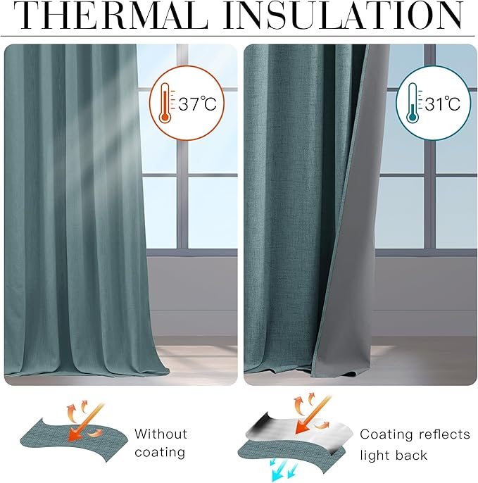 RYB HOME 100% Blackout Linen Textured Curtains 108 inches Long, Thermal Insulating Privacy Energy Saving for Bedroom Living Room Window Office Theater Baby Nursery, W 52 x L 108 in, Misty Blue, 2 Pcs