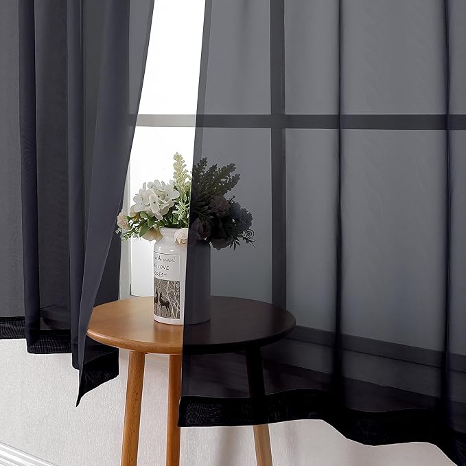 Lecloud Black Sheer Curtains 50 Inch Length 2 Pcs, Light Filtering Bedroom Curtains for Living Room Window Treatments, Rod Pockets Voile Drapes for Bathroom Basement, Each Panel 42" W x 50" L