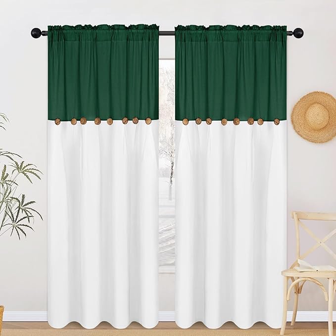 FRAMICS Farmhouse Cotton Linen Curtains for Living Room, Boho Button Curtains 84 Inch Length 2 Panels, Rustic Country Linen Window Curtain for Bedroom Rod Pocket Drapes, 52 x 84 Inch, Green and White