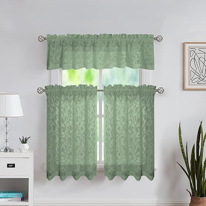 Lecloud Leia Sage Green Sheer Curtains 54 Inch Length 2 Panels, Voile Light Filtering Privacy Jacquard Leaf Textured Curtains, Dual Rod Pockets Drapes for Living Room Bedroom, Each 42" W x 54" L