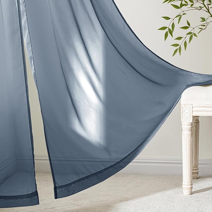 MIULEE Navy Blue Sheer Curtains 96 Inches Long, 4 Panels Set, Light Filtering Rod Pocket Voile Drapes Window Treatments, Semi Transparent Airy Fabric for Bedroom and Living Room, 54 x 96 Inches