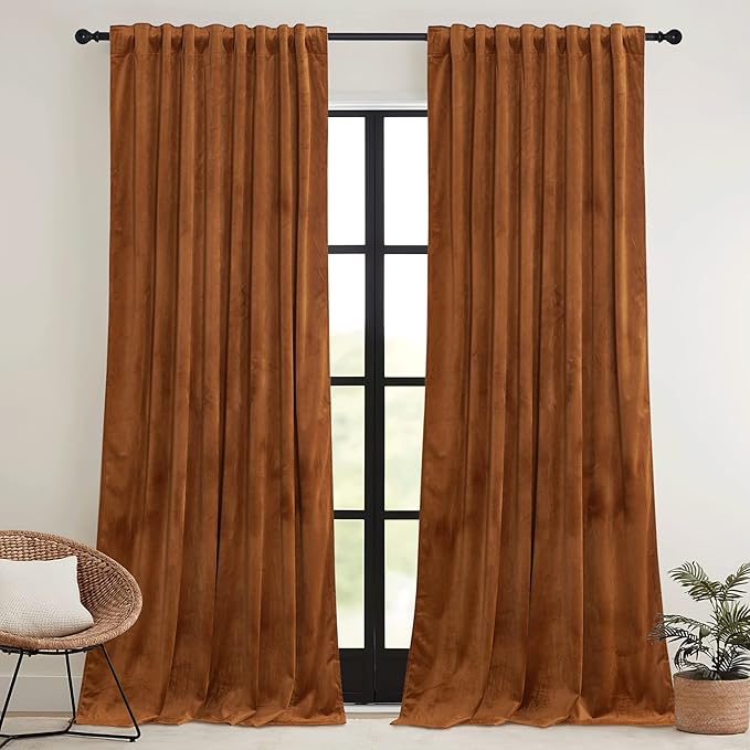 RYB HOME Orange Velvet Curtains 72 inches with Hook Belt, Soft Fabric Room Darkening Thermal Insulated Luxurious Home Decor Curtains for Living Room Bedroom, W 52" x L 72", 2 Panels Set