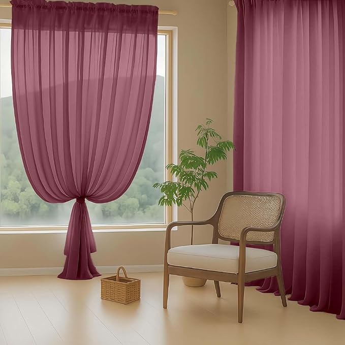 Sheer Curtains for Window 96 Inches Long 2 Panels Set, Soft Airy Light Filtering Voile Sheer Curtains for Living Room Bedroom, Dual Rod Pocket Elegant Window Drapes, Burgundy, 2x42Wx96L Inches
