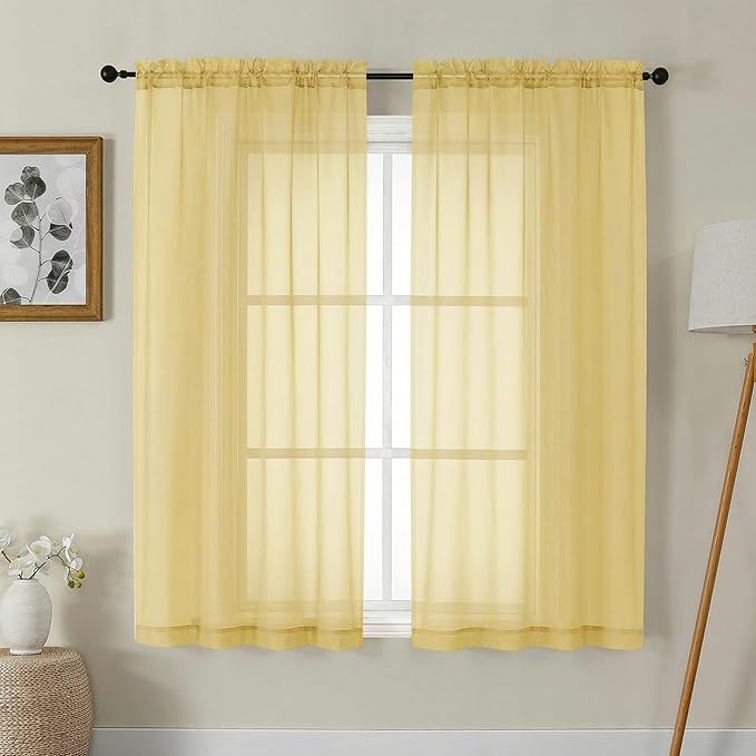 Gwine Sheer Curtains 63 Inch Length - Light Filtering Rod Pocket Window Curtain Panels for Bedroom, Elegant Soft Voile Living Room Sheer Drapes, Each 42Wx63L, 2 Panels, Yellow