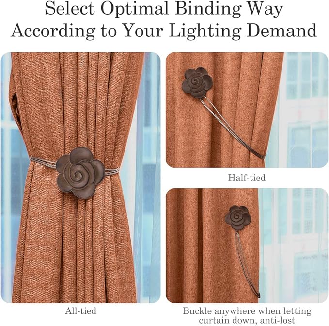 Lewondr Magnetic Curtain Tieback, Vintage Curtain Holdback, Resin Flower Curtain Ties with Rope Drapery Retro Window Curtain Decorative Buckle Holder for Outdoor, Home, and Cafe Balcony, Light Coffee